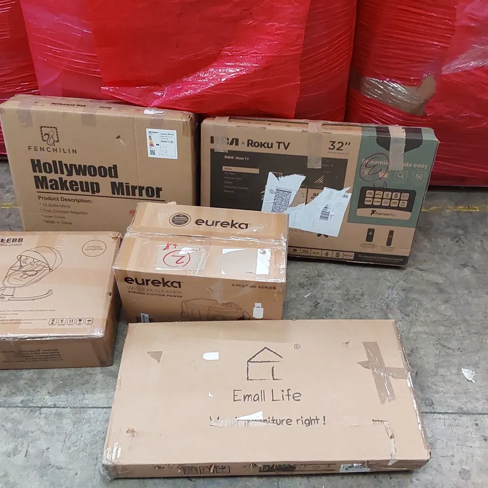 PALLET OF HOUSEHOLD ITEMS AND CONSUMER GOODS TO INCLUDE: RCA 32" ROKU TV, ADJUSTABLE LAPTOP DESK, AUTO BABY SWING CHAIR, EUREKA VACUUM CLEANER, HOLLYWOOD MAKEUP MIRROR ECT