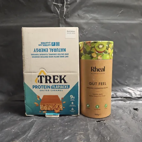 APPROXIMATELY 8 ASSORTED FOOD AND DRINK ITEMS TO INCLUDE RHEAL SUPERFOOD BLEND, TREK PROTEIN FLAPJACKS, ETC