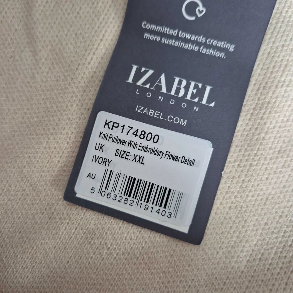 IZABEL LONDON KNIT PULLOVER WITH EMBROIDERY FLOWER DETAIL IN CREAM - XXL