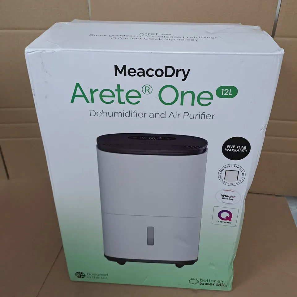 BOXED MEACO DRY ARETE ONE 12L DEHUMIDIFIER AND AIR PURIFIER 