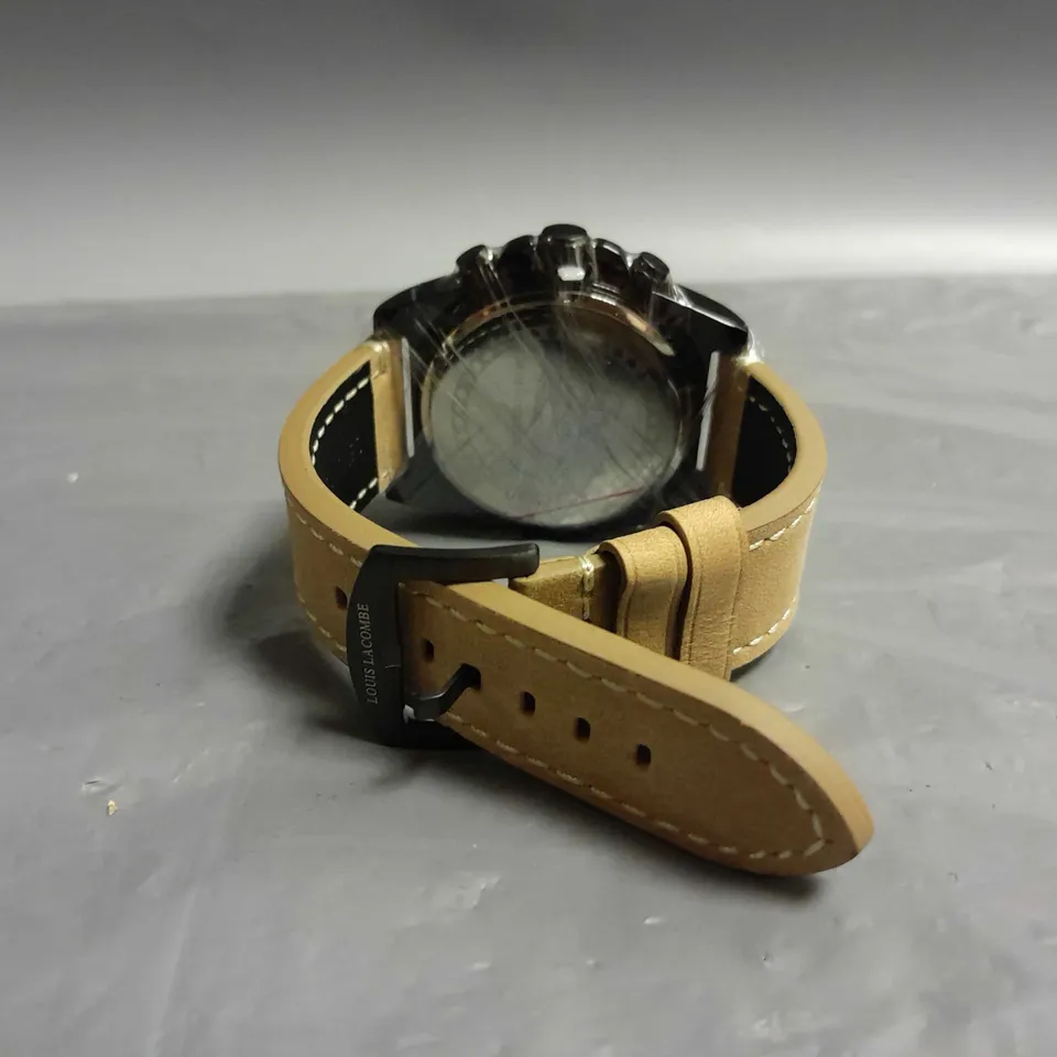 MENS LOUIS LACOMBE CHRONOGRAPH WATCH – 3 SUB DIALS – BLACK CASE – LEATHER STRAP