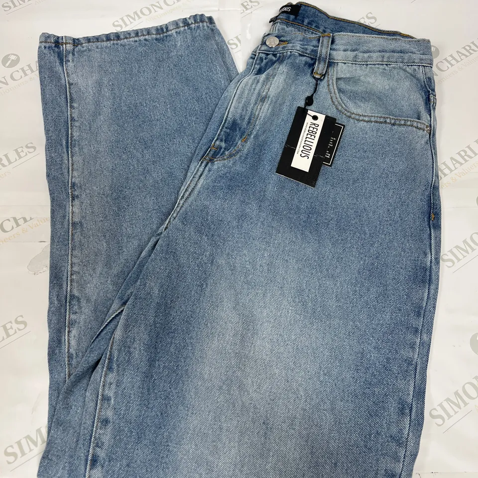 REBELLIOUS DISTRESSED KNEE EXTRA LONG JEANS IN MIDWASH BLUE SIZE 16