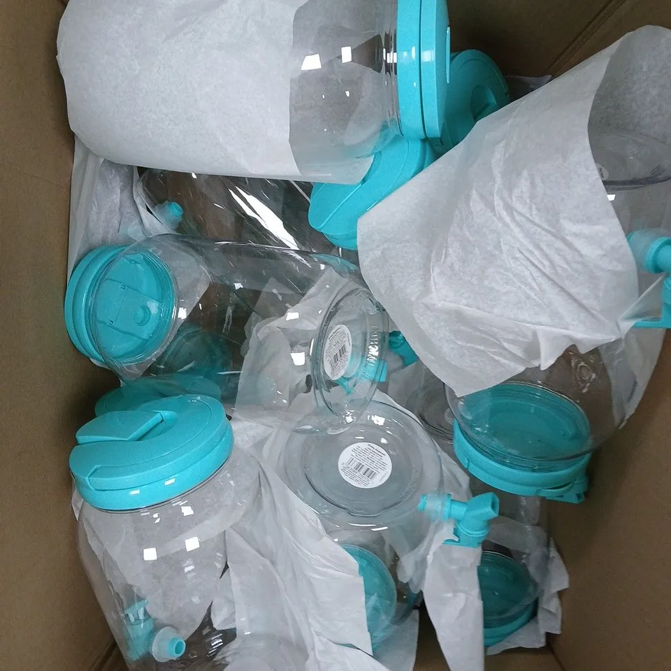 APPROXIMATELY 15 CLEAR PLASTIC DRINKS DISPENSERS 