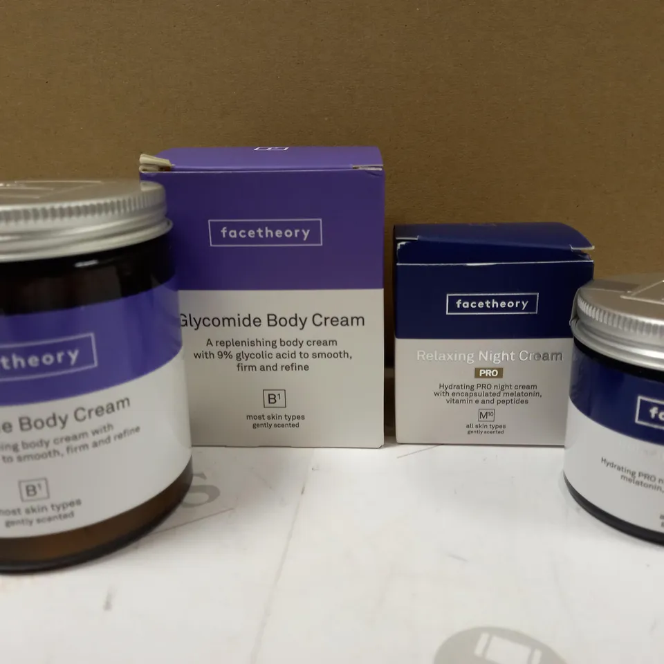 LOT OF 2 FACETHERAPY ITEMS TO INCLUDE GLYCOMIDE BODY CREAM AND RELAXING NIGHT CREAM