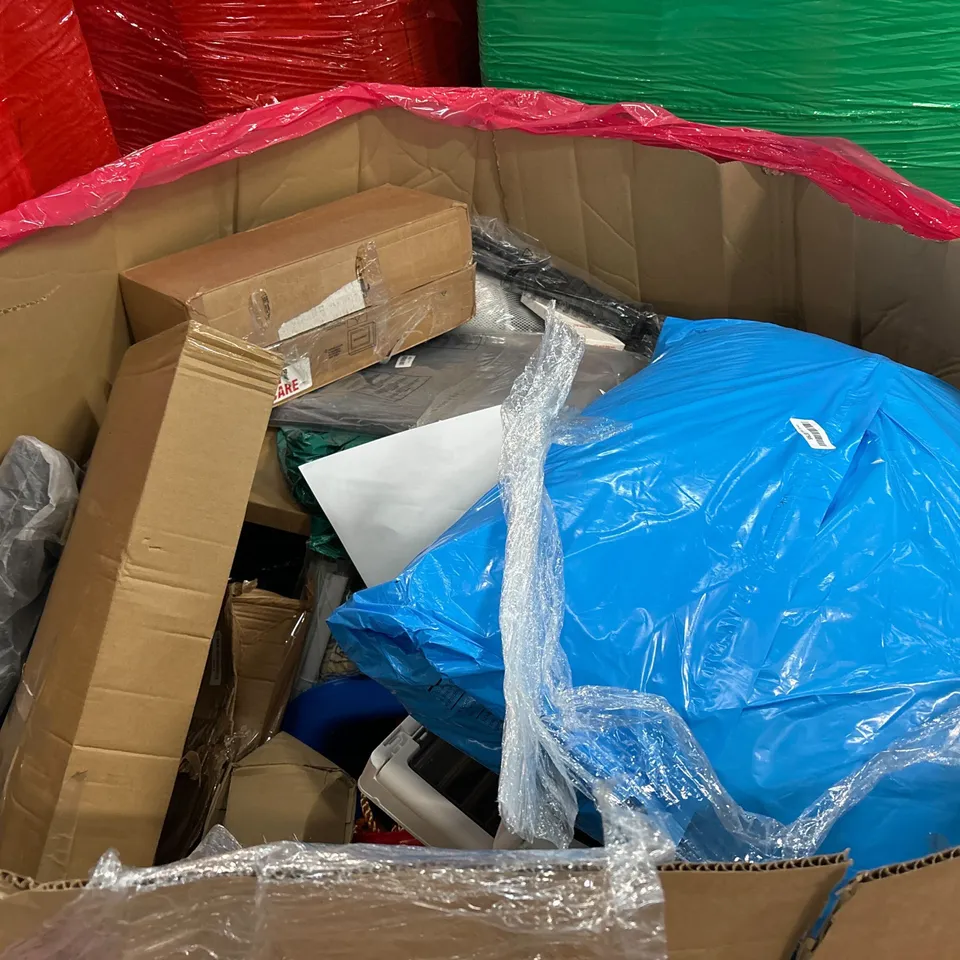 PALLET OF ASSORTED CONSUMER PRODUCTS TO INCLUDE: PAPER CUTTERS, HEATED BLANKET, FABRIC WARDROBE, RETRACTABLE SAFETY GATE, BLINDS ECT