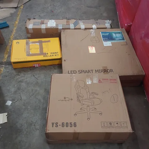 PALLET OF ASSORTED ITEMS INCLUDING: GAMING CHAIR, LED SMART MIRRROR, LUXURY SHOWER PANEL, 18" PAINT ROLLER KIT ECT
