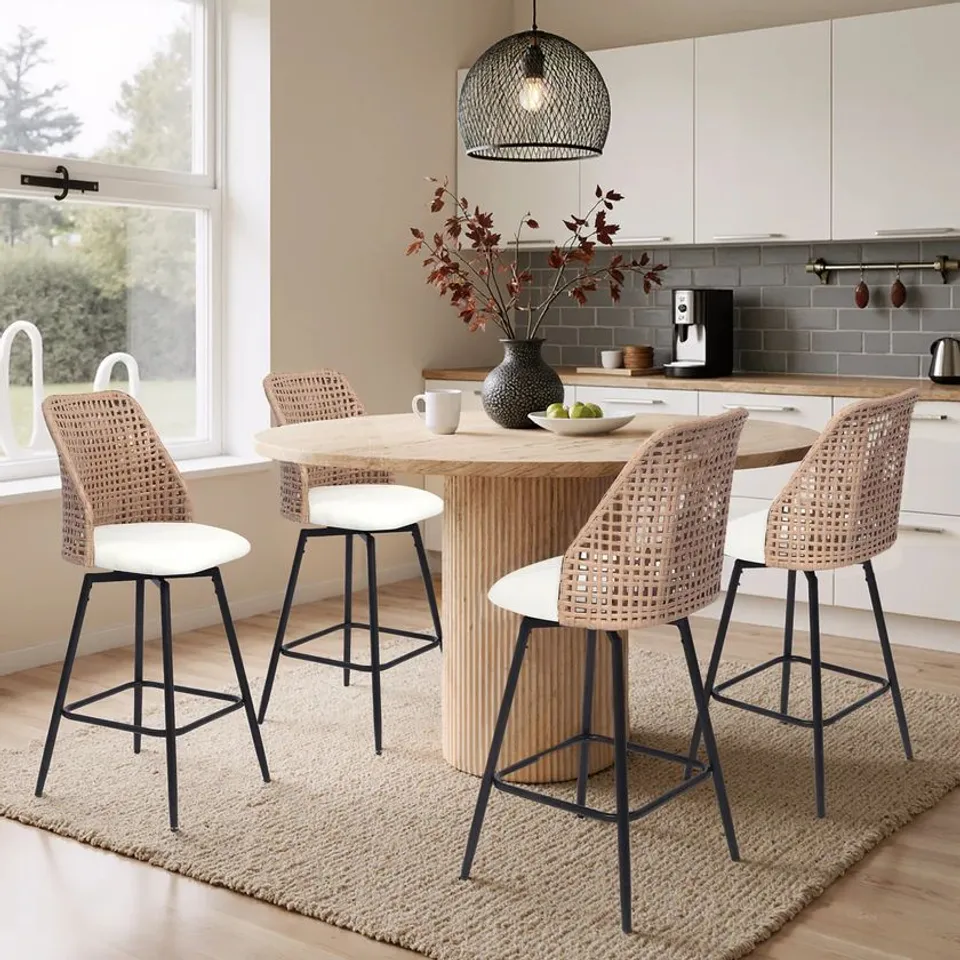 BOXED IONEO WICKER BACK SWIVEL UPHOLSTERED BAR STOOLS SET OF 4