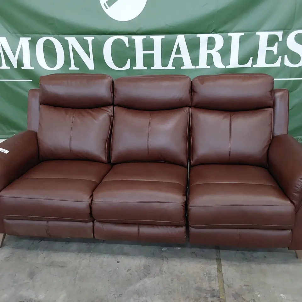 DESIGNER POWER RECLINING THREE SEATER SOFA CHESTNUT LEATHER 