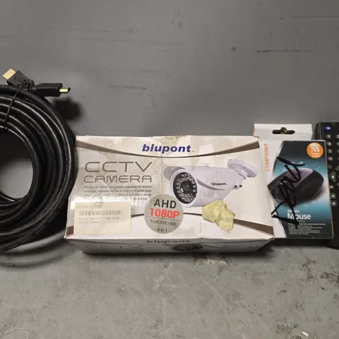 BOX OF APPROXIMATELY 12 ASSORTED ITEMS TO INCLUDE - BLUPONT CCTV CAMERA , HDMI LEAD , WIRELESS MOUSE ETC