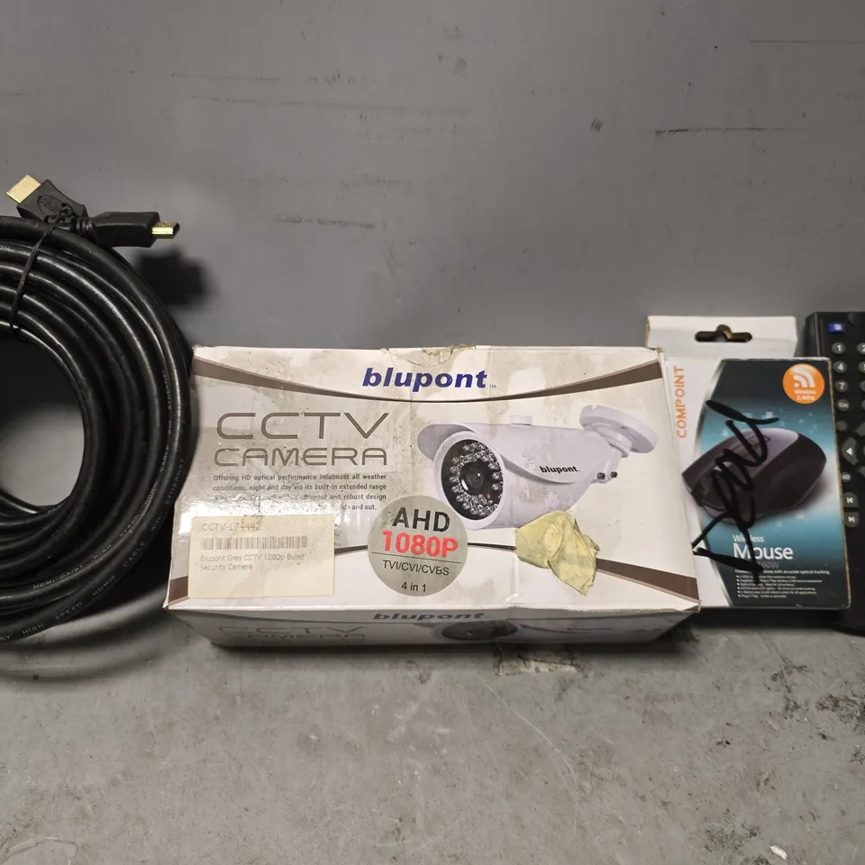 BOX OF APPROXIMATELY 12 ASSORTED ITEMS TO INCLUDE - BLUPONT CCTV CAMERA , HDMI LEAD , WIRELESS MOUSE ETC