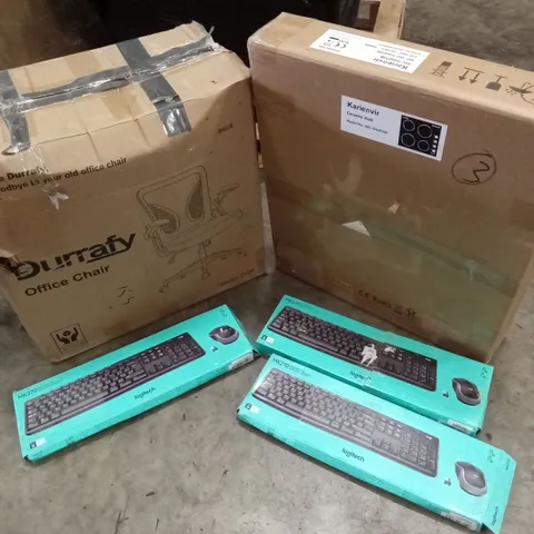 PALLET OF ASSORTED HOUSEHOLD GOODS AND PRODUCTS TO INCLUDE; ROWING MACHINE, OFFICE CHAIR, CERAMIC HOB, KEYBOARD & MOUSE SETS ETC