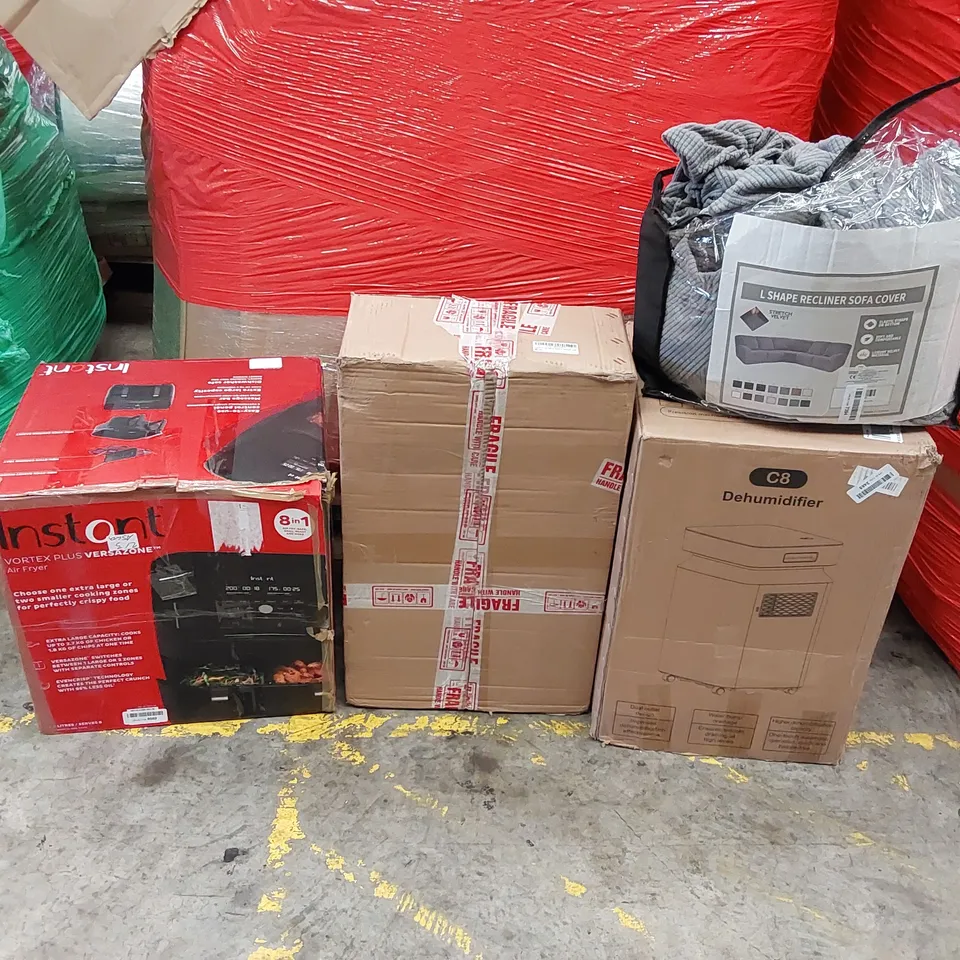 PALLET OF ASSORTED ITEMS INCLUDING: DEHUMIDIFIER, AIR FRYER, GAS WATER HEATER, SOFA COVER