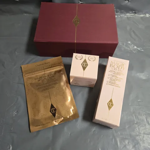 BOXED X3 ASSORTED CHARLOTTE TILBURY COSMETIC PRODUCTS TO INCLUDE - MAGIC CREAM - MAGIC BODY CREAM - INSTANT MAGIC FACIAL DRY SHEET MASK