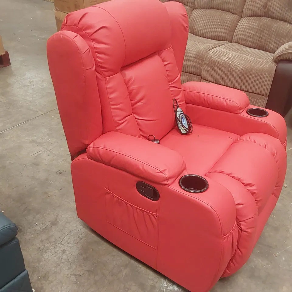 QUALITY DESIGNER FAUX LEATHER MANUAL RECLINING SWIVEL/ROCKING ARMCHAIR WITH MASSAGE FUNCTION AND CUPHOLDERS