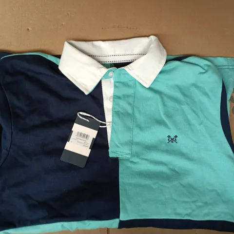 CREW CLOTHING COMPANY HARLEQUIN RUGBY LONG SLEEVE TOP IN LIGHT BLUE/NAVY SIZE SMALL