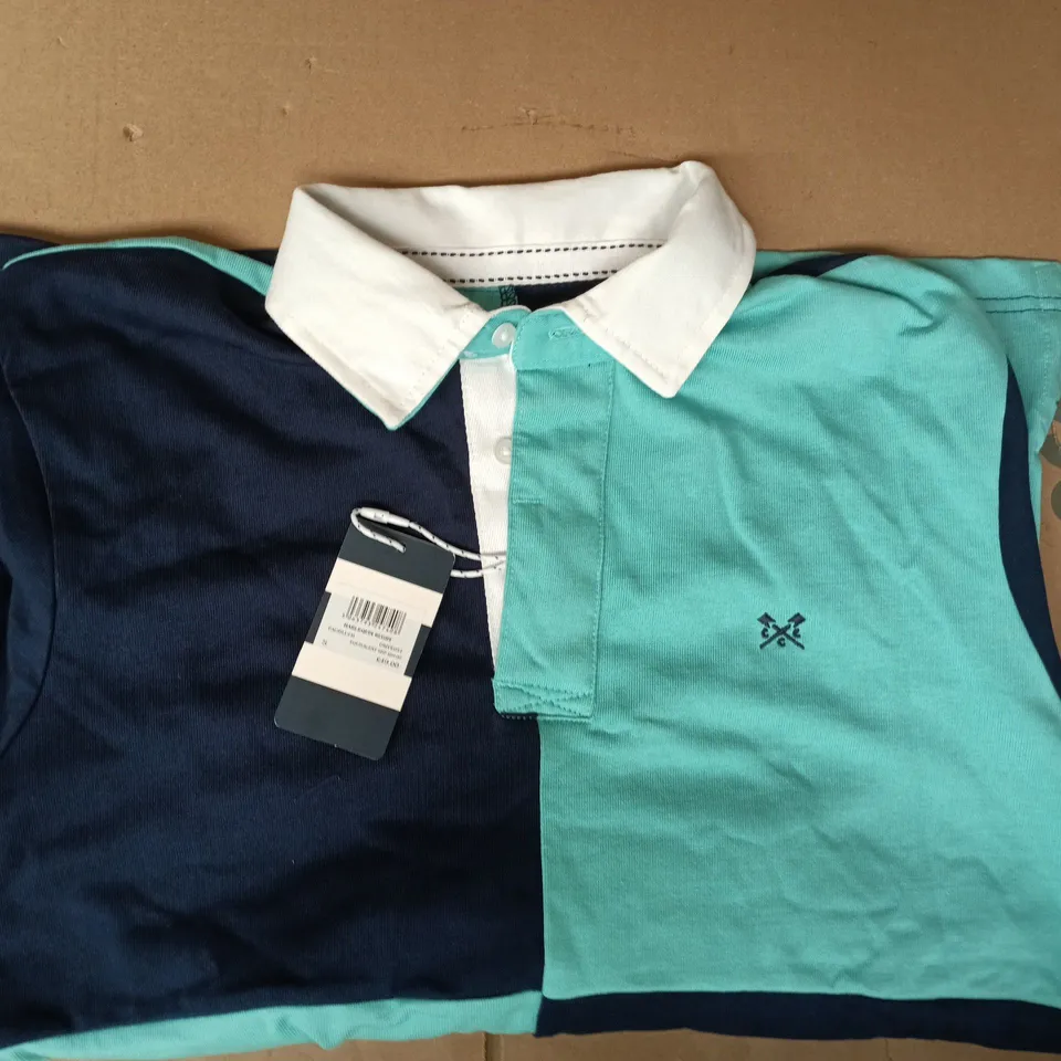 CREW CLOTHING COMPANY HARLEQUIN RUGBY LONG SLEEVE TOP IN LIGHT BLUE/NAVY SIZE SMALL