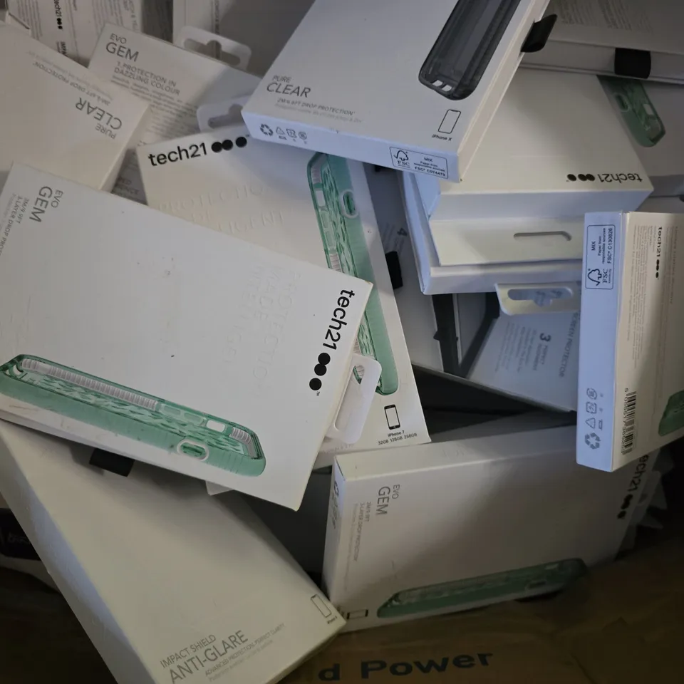 BOX OF APPROXIMATELY 50 PHONE CASES TO INCLUDE - TECH21 EVO GEM IPHONE 7 , TECH21 PURE CLEAR IPHONE X , TECH21 PHONE X GLASS ETC