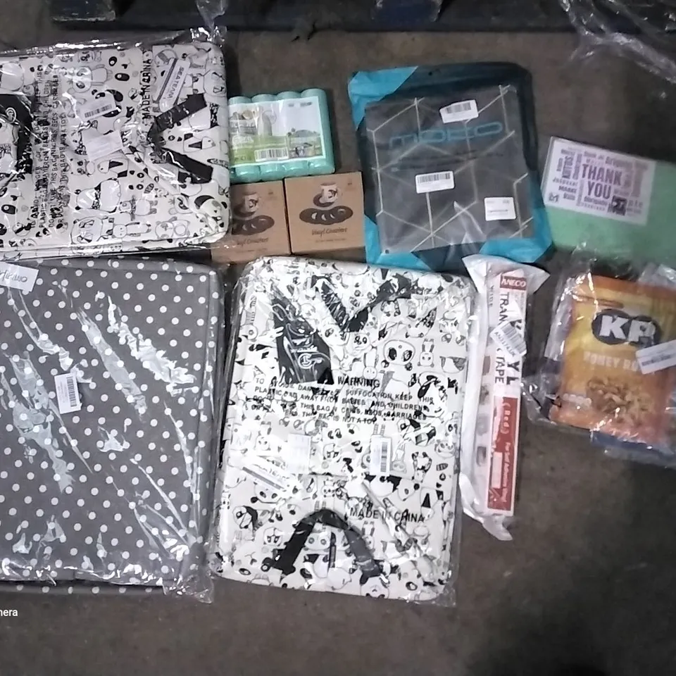 PALLET OF ASSORTED ITEMS INCLUDING VINYL COASTER, MOKO VELVET PILLOW CASE, LITTLE HOME A5 DAILY DATED PLANNER MINT GREEN, ANECO VINYL TRANSFER TAPE, SMAL,TRASH BAGS, SEA TEAMS PANDA BAG