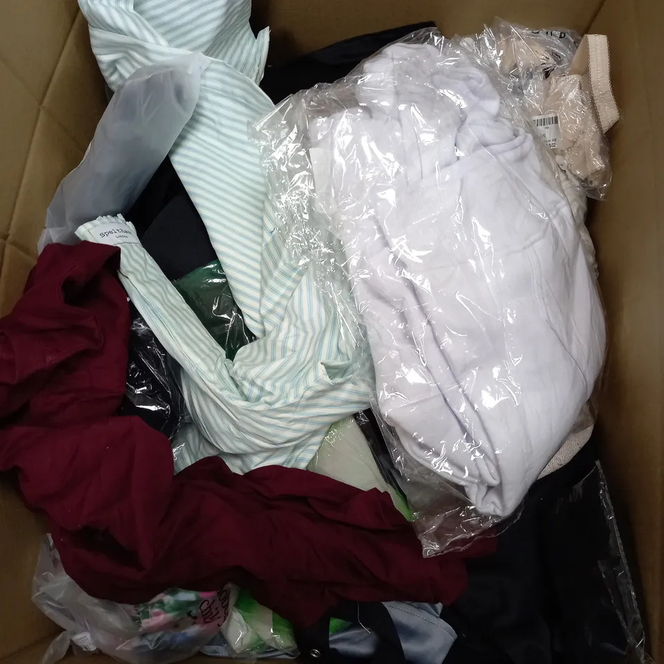 BOX OF APPROXIMATELY 25 ASSORTED CLOTHING ITEMS TO INCUDE - BRAS,  JUMPERS , T-SHIRTS , TROUSERS,ECT 