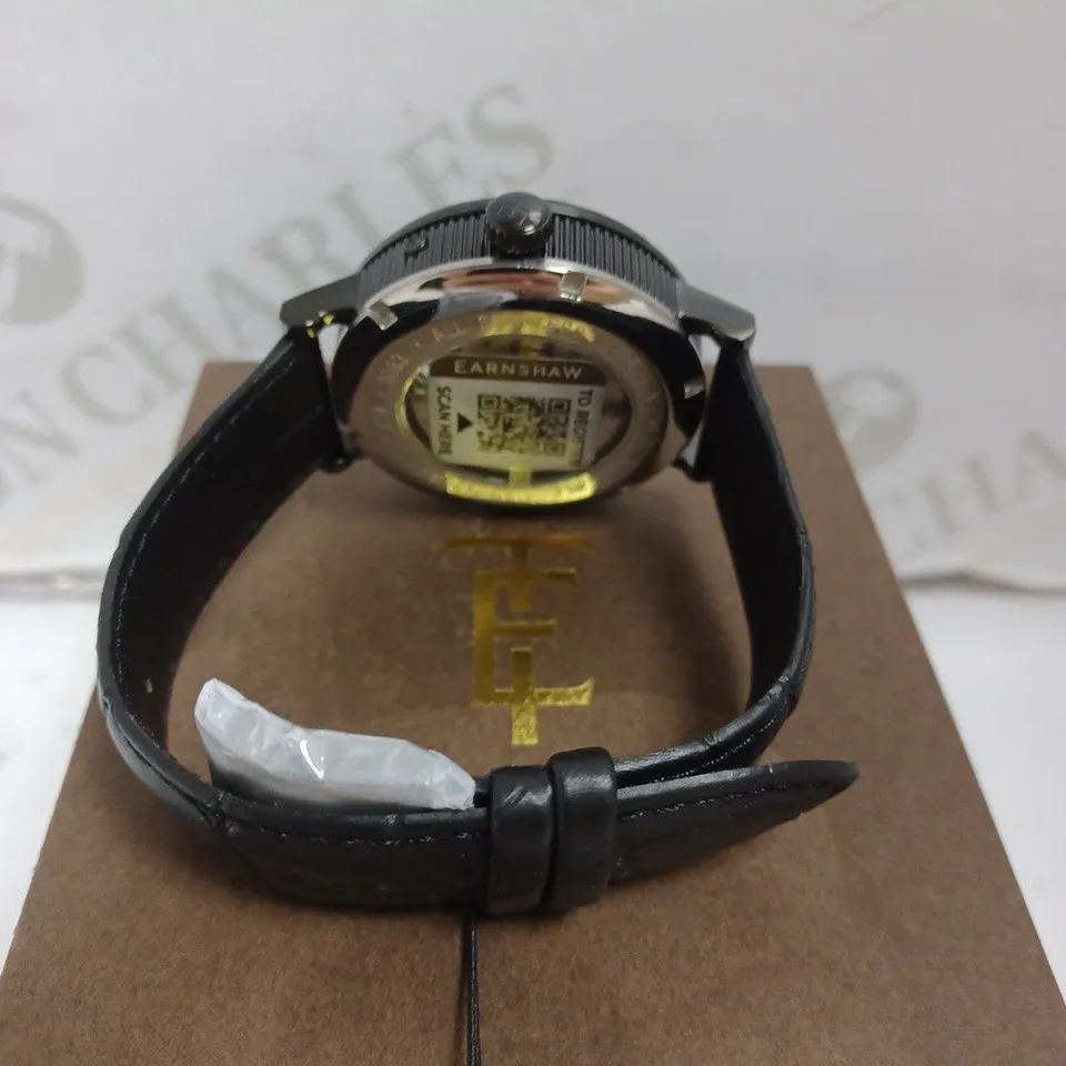 BOXED EARNSHAW WATCH - AUTOMATIC - STAINLESS STEEL CASE - LEATHER STRAP - SKELETON FACE - WATER RESISTANT 5 ATM.