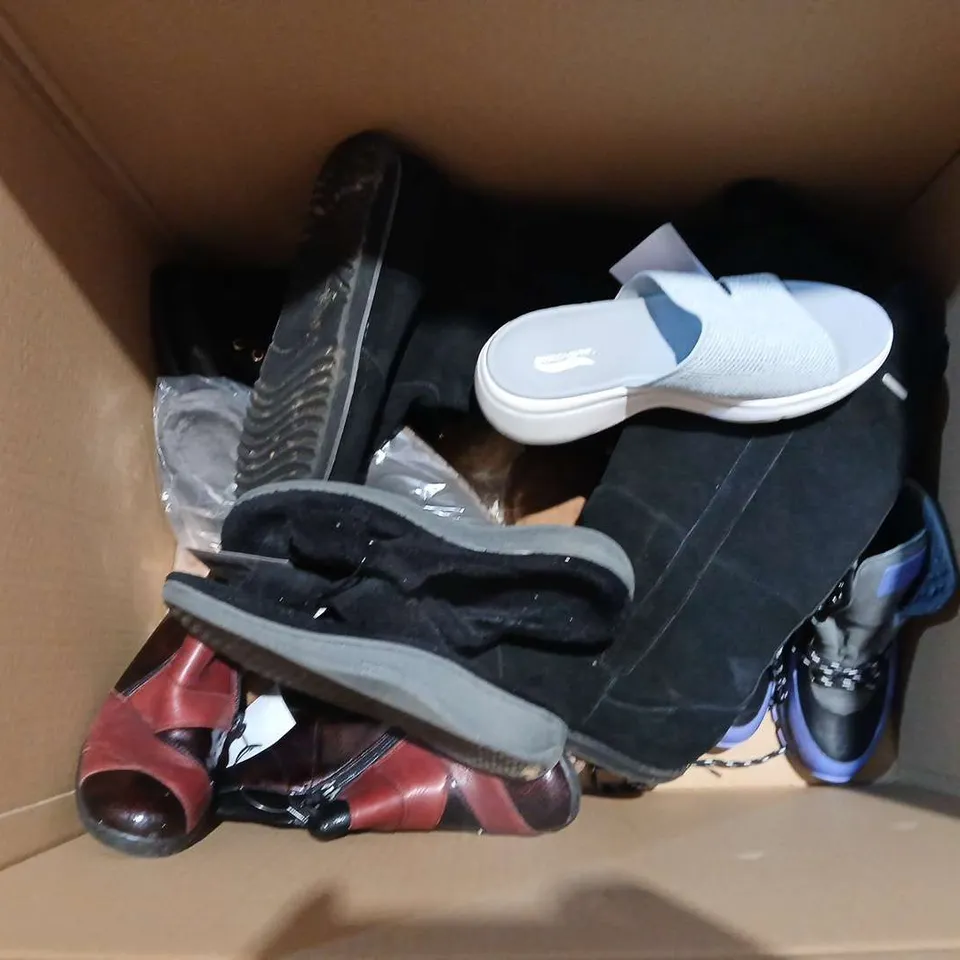 BOX OF APPROXIMATELY 8 ASSORTED UNBOXED PAIRS OF SHOES IN VARIOUS SIZES & STYLES & COLOURS 