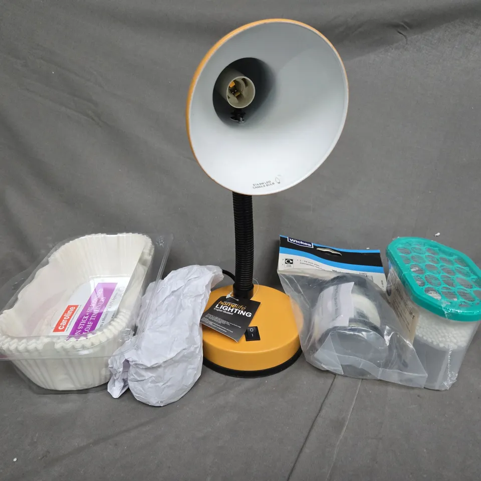 TOTE OF ASSORTED HOUSEHOLD ITEMS TO INCLUDE TABLE LAMP, WICKES AND DEHUMIDIFIER