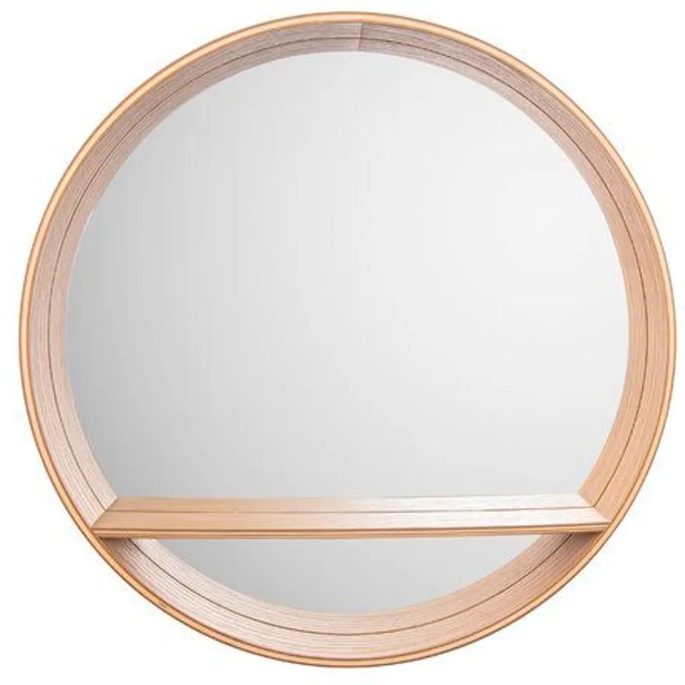 BOXED ROUND WOOD VANITY MIRROR AND SHELF 60X60CM