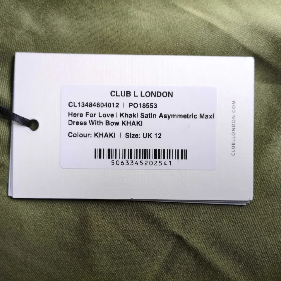 CLUB L LONDON KHAKI SATIN ASYMMETRIC MAXI DRESS WITH BOW – UK 12