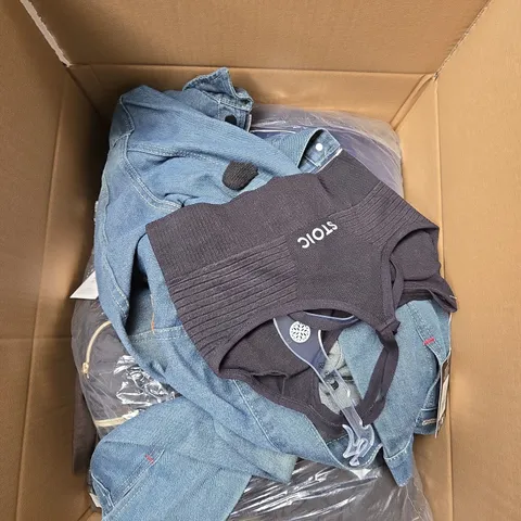 LARGE BOX OF ASSORTED CLOTHING ITEMS IN VARIOUS SIZES, STYLES AND COLOUR 