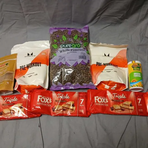 NINE ASSORTED PRODUCTS TO INCLUDE; PURE GRO WHOLE PIMENTO ALL SPICE WHOLE 1KG, MY PROTEIN PRE-WORK OUT INDUS GROUND CUMIN, TROPICAL SUN DRIED TYME AND FOX'S BISCUITS