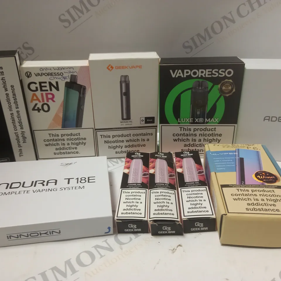 BOX OF APPROX 20 ASSORTED E-CIGARETTES AND DISPOSABLE VAPES	 