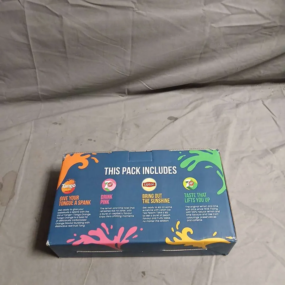 FOUR-CAN SOFT DRINK SAMPLER PACK – TANGO, 7UP ZERO SUGAR, LIPTON PEACH ICED TEA & 7UP