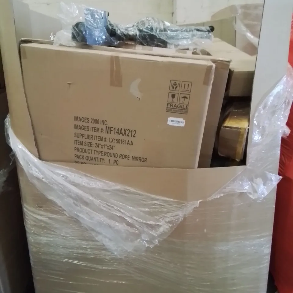 PALLET OF ASSORTED PRODUCTS, INCLUDING, PANASONIC MICROWAVE, ROPE MIRROR (DAMAGED) FOLDING STOOL 5' FOLDING TABLE, BEAD CURTAIN.