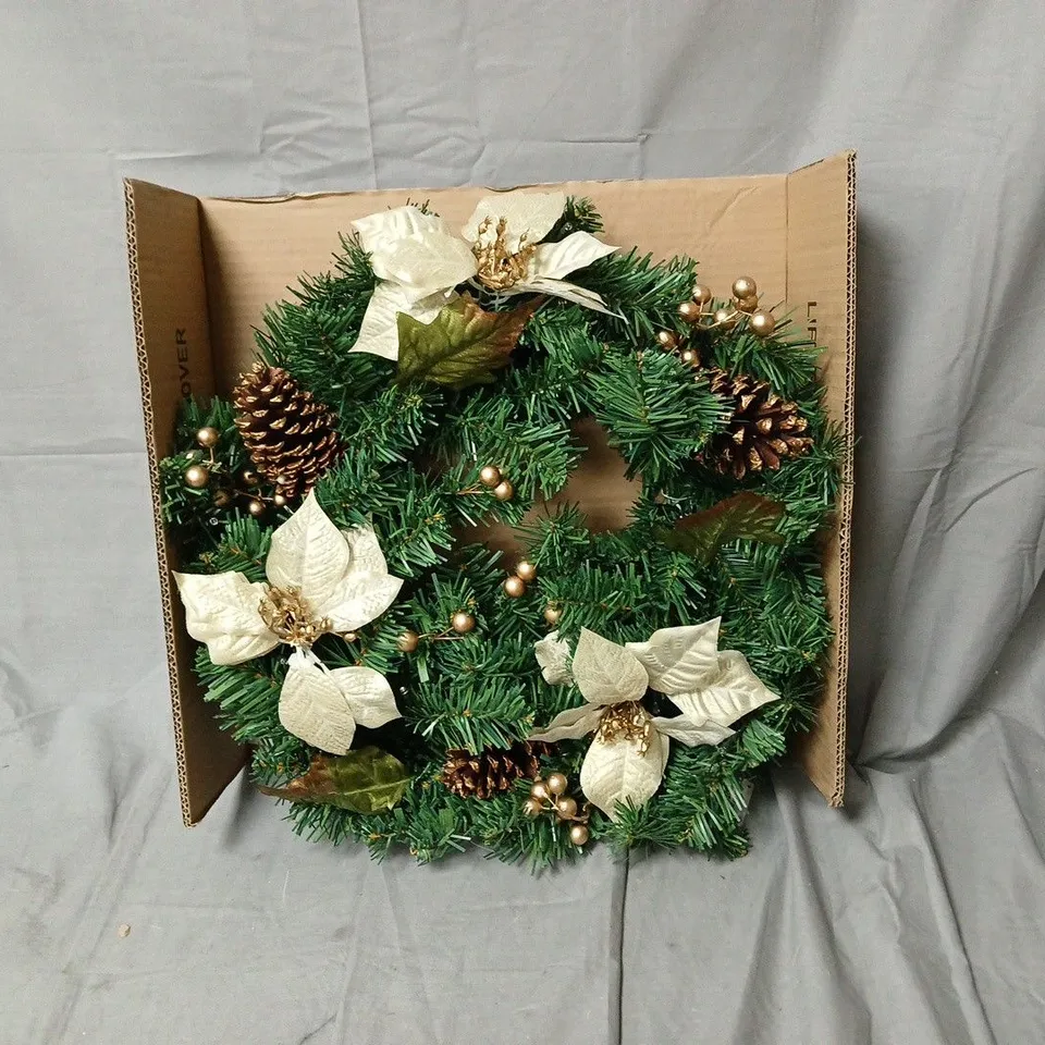 GOLD POINSETTIA PRE-LIT WREATH – INDOOR CHRISTMAS DECORATION