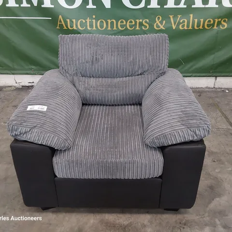 DESIGNER EASY CHAIR GREY JUMBO CHORD & BLACK FAUX LEATHER