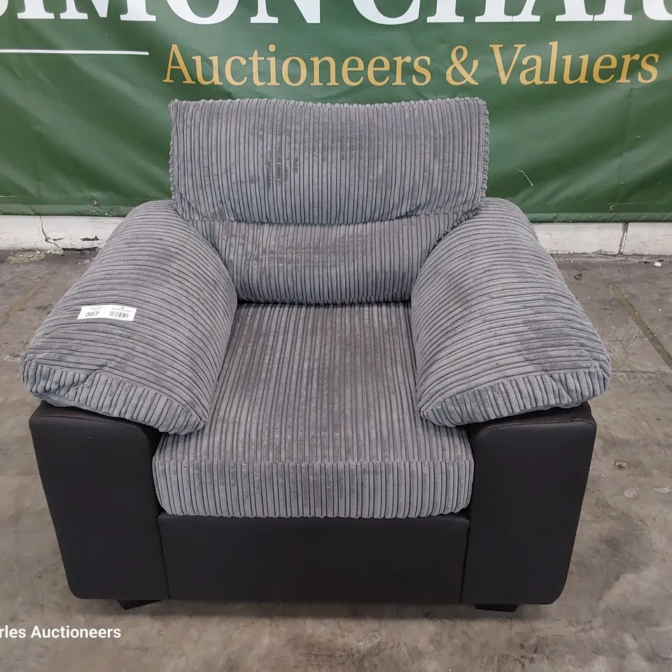 DESIGNER EASY CHAIR GREY JUMBO CHORD & BLACK FAUX LEATHER 