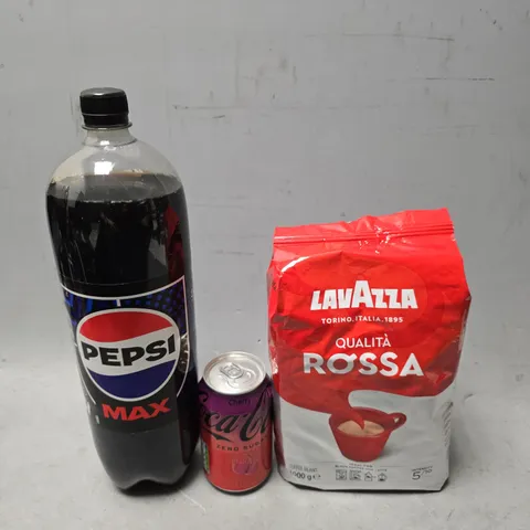 APPROXIMATELY 7 ASSORTED DRINKS ITEMS TO INCLUDE - COCA COLA ZERO SUGAR CHERRY, PEPSI MAX , LAVAZZA ROSSA