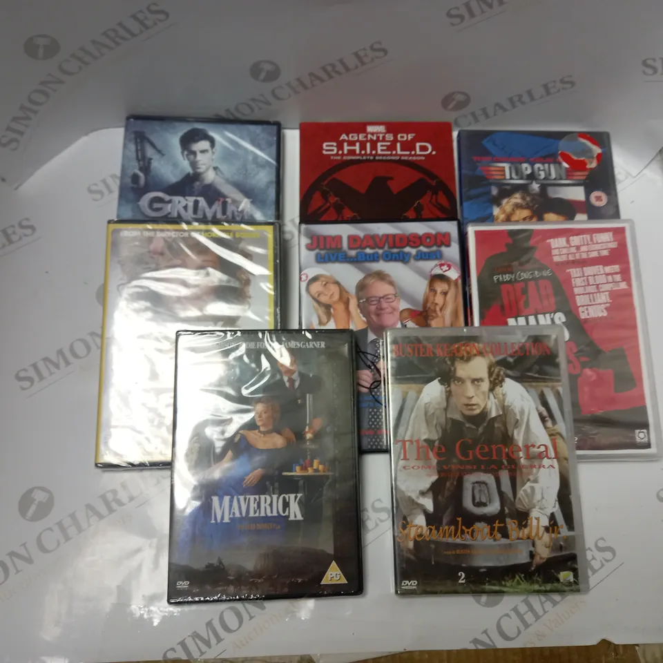 ASSORTMENT OF 8 BOXED DVDS TO INCLUDE TOP GUN, JIM DAVIDSON, MAVERICK, ETC