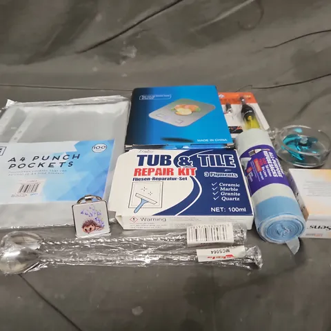 TOTE OF APPROXIMATELY 10 ASSORTED HOUSEHOLD ITEM TO INCLUDE TILE REPAIR KIT, A4 PUNCH POCKETS AND ALL PURPOSE REFUSE SACKS