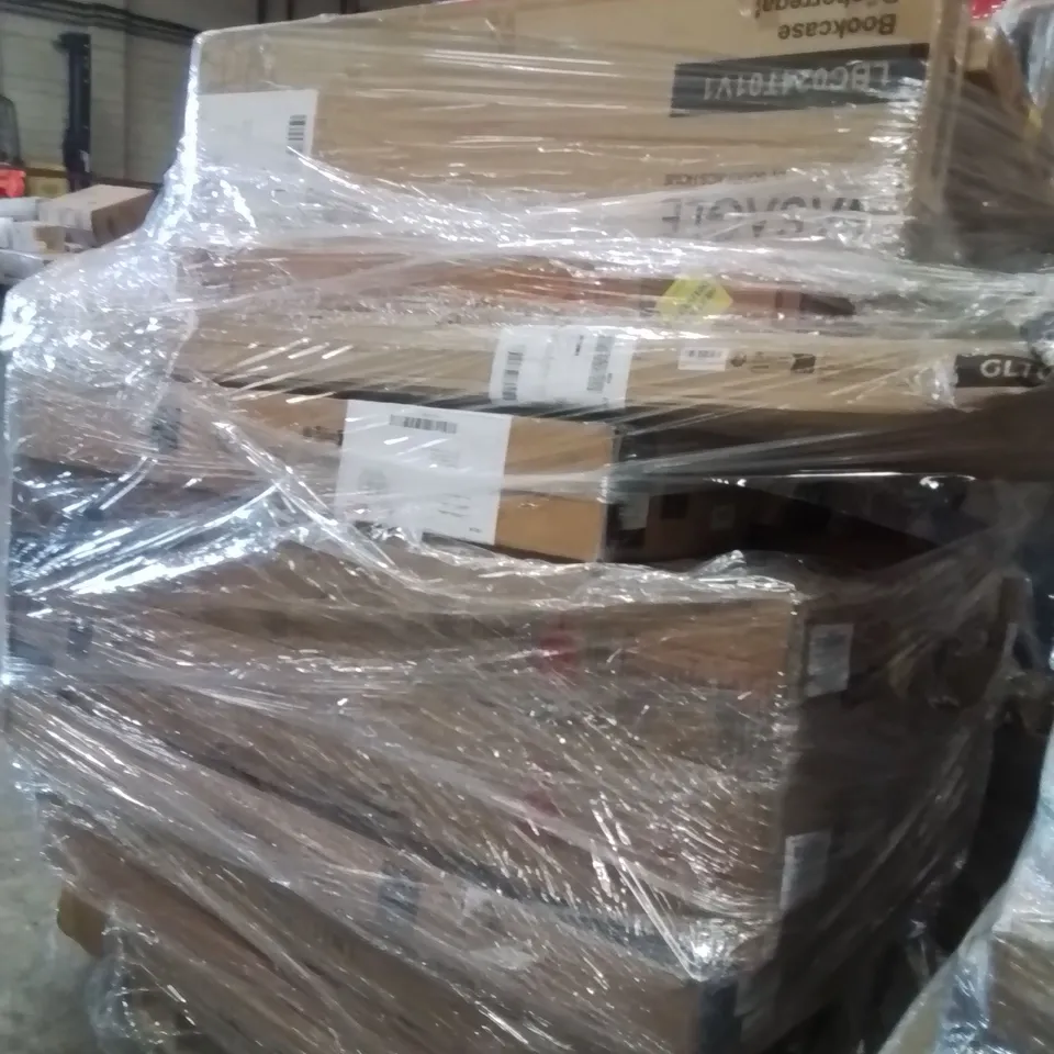 PALLET OF ASSORTED HOUSEHOLD GOODS AND PRODUCTS TO INCLUDE; BOOKCASE,COMPUTER DESK,LADDER