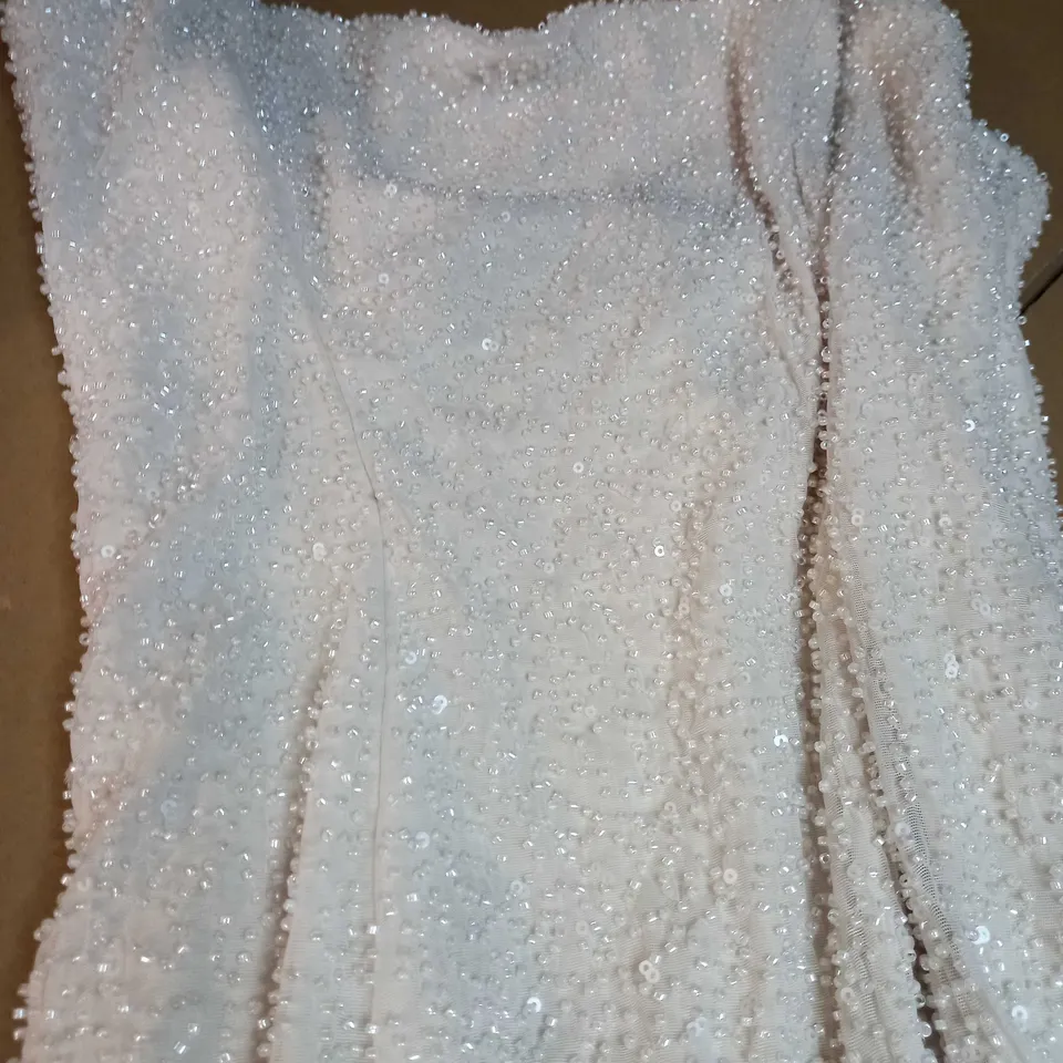 OH POLLY IVORY/BEAD DETAILED HALTER NECK HIGH SPLIT STATEMENT MIDI GOWN - SIZE 14