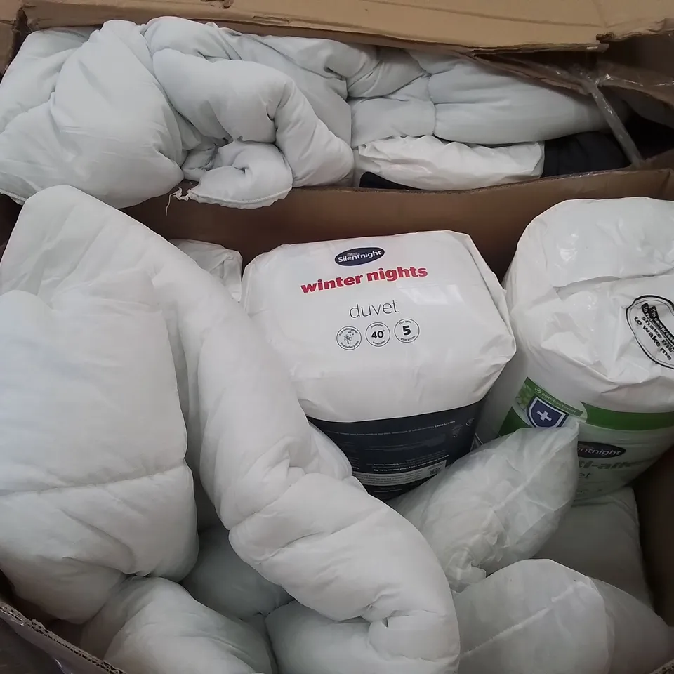 TWO LARGE BOXES OF ASSORTED PILLOWS AND DUVETS
