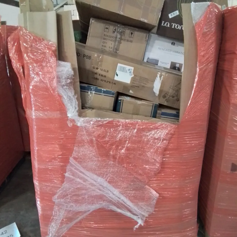 PALLET CONTAINING VARIOUS ASSORTED ITEMS TO INCLUDE: TURNTABLE AND SPEAKER SYSTEM, RICE COOKER, SEVERAL DEHUMIDIFIERS AND LOTS MORE UNMARKED BOXED ITEMS 