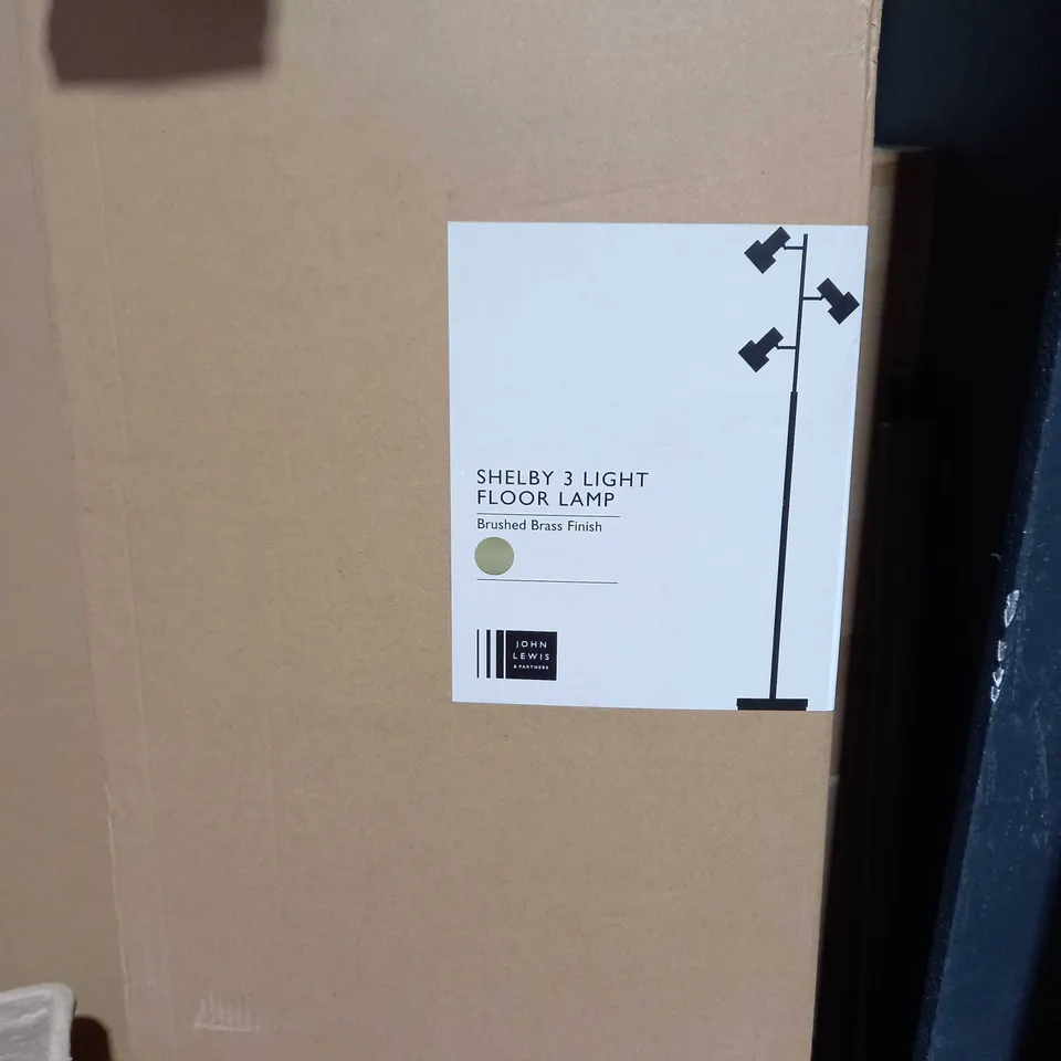 BOXED JOHN LEWIS BRUSHED BRASS SHELBY 3 LIGHT FLOOR LAMP