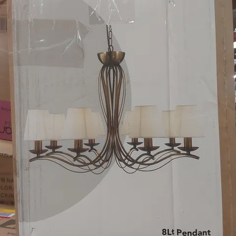 BOXED ANTIQUE BRASS & IVORY STRING FABRIC 8 LIGHT PENDANT 