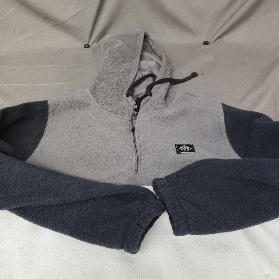 SUPER MASSIVE FLEECE HOODIE – GREY BODY WITH NAVY SLEEVES – MEDIUM