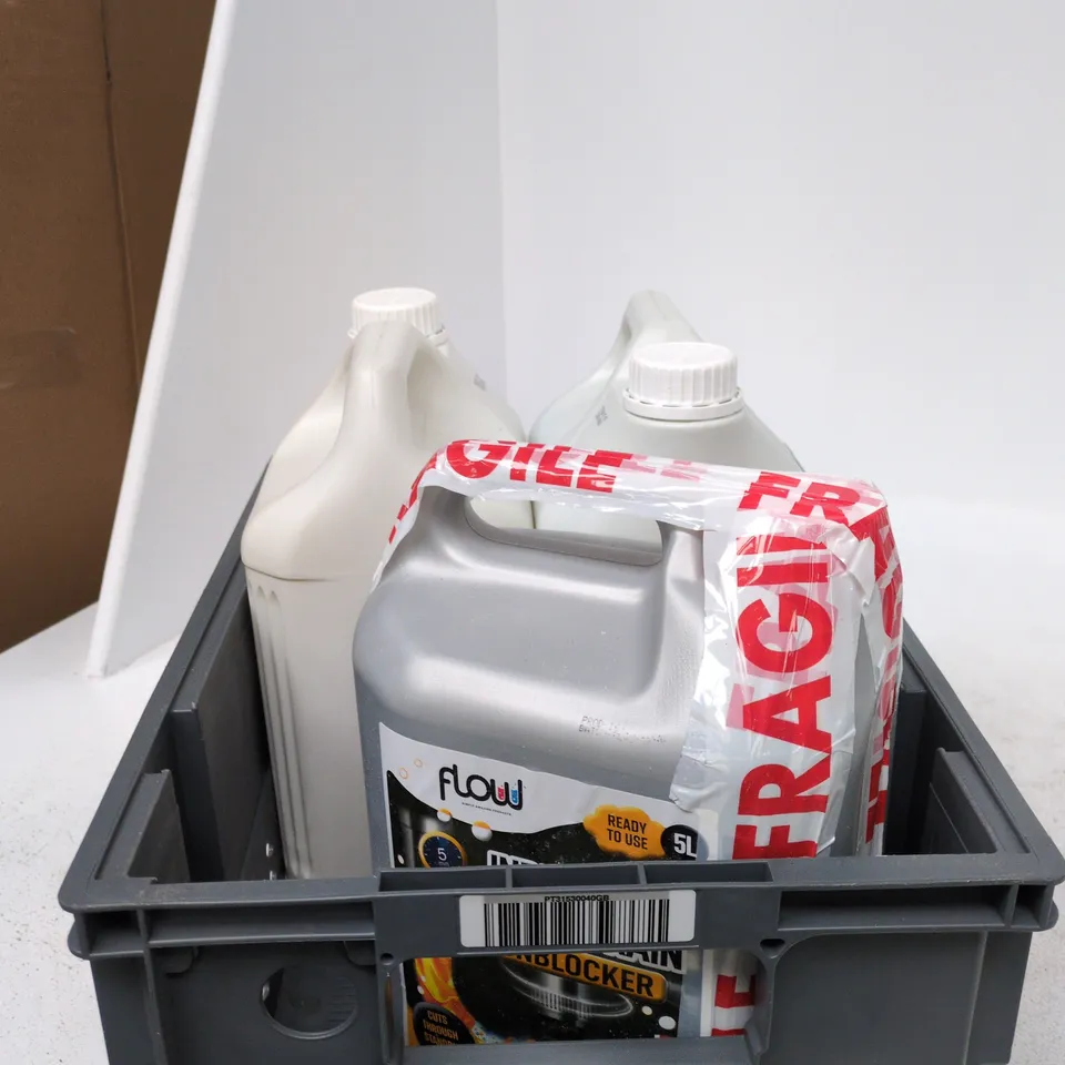 TOTE OF APPROXIMATELY 3 ASSORTED ITEMS TO INCLUDE INDUSTRIAL SINK AND DRAIN UNBLOCKER, EVO VER FABRIC SOFTENER ETC