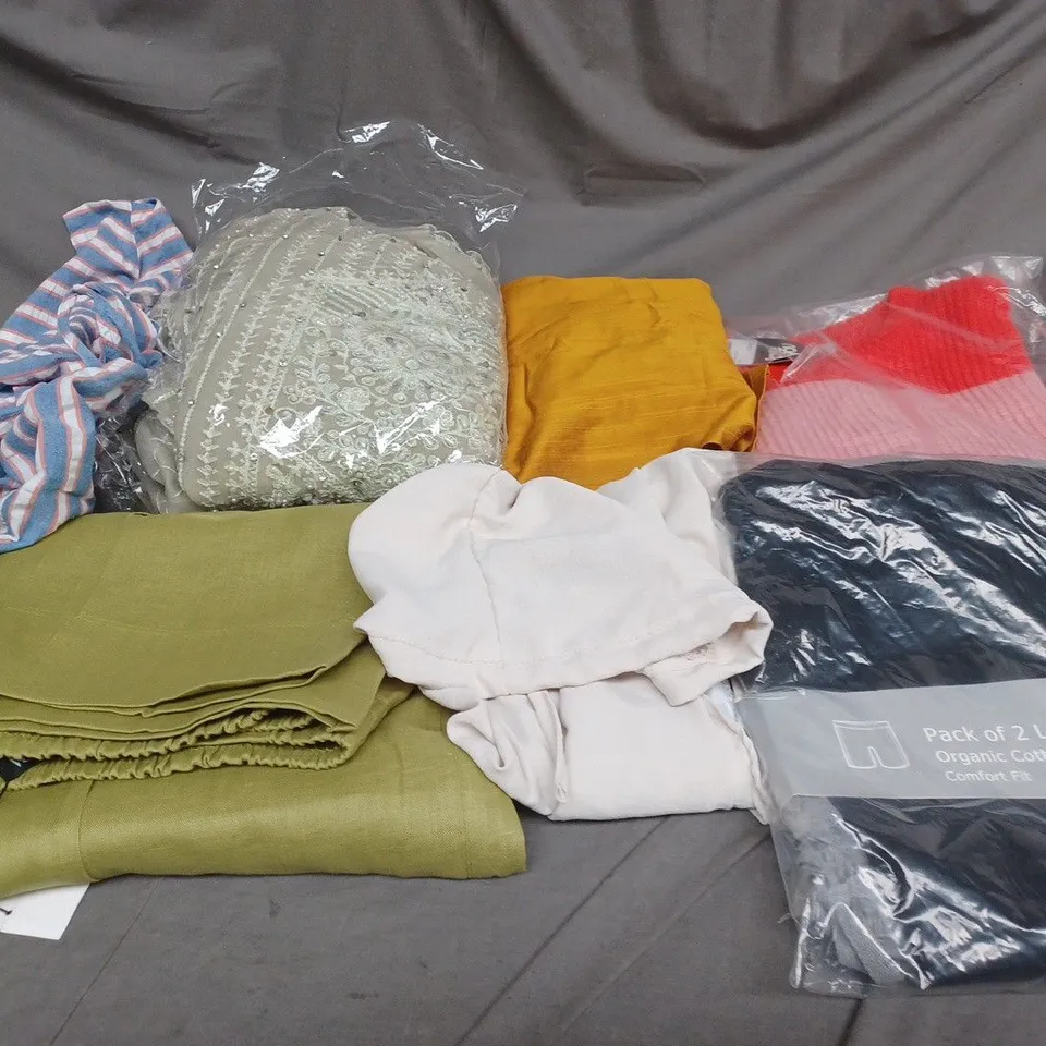 BOX OF ASSORTED CLOTHING ITEMS IN VARIOUS COLOURS, SIZES AND STYLES