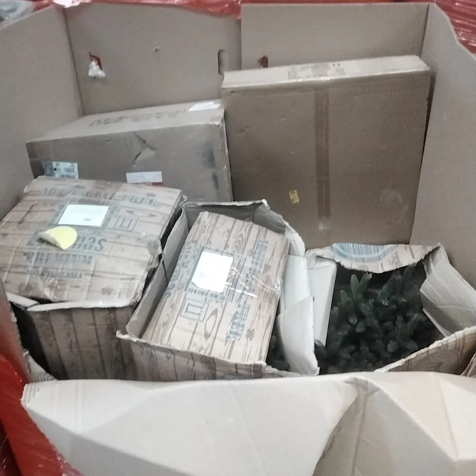 PALLET OF ASSORTED HOUSEHOLD GOODS AND PRODUCTS TO INCLUDE; CHRISTMAS TREES, BOXED FURNITURE ETC