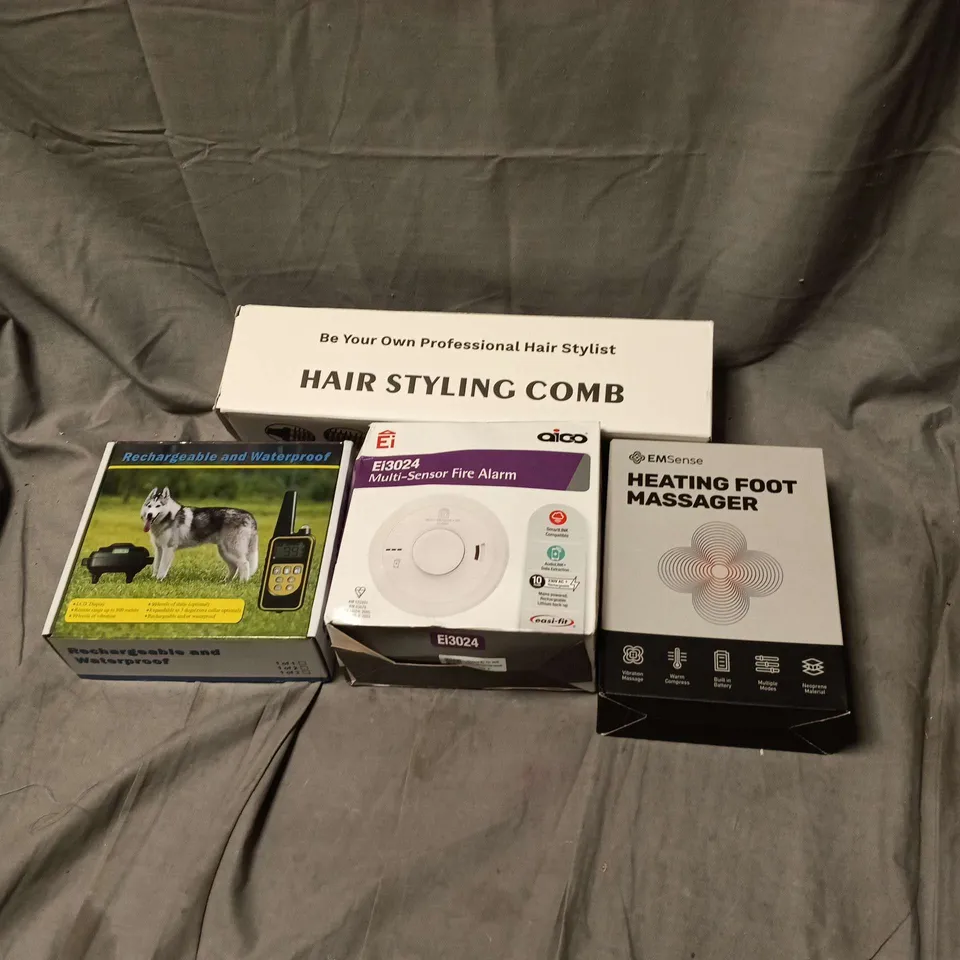 BOX OF APPROXIMATELY 20 ASSORTED HOUSEHOLD ITEMS TO INCLUDE HAIR STYLING COMB, MULTI SENSOR FIRE ALARM, HEATING FOOT MASSAGER, DOG TRAINING COLLAR ETC